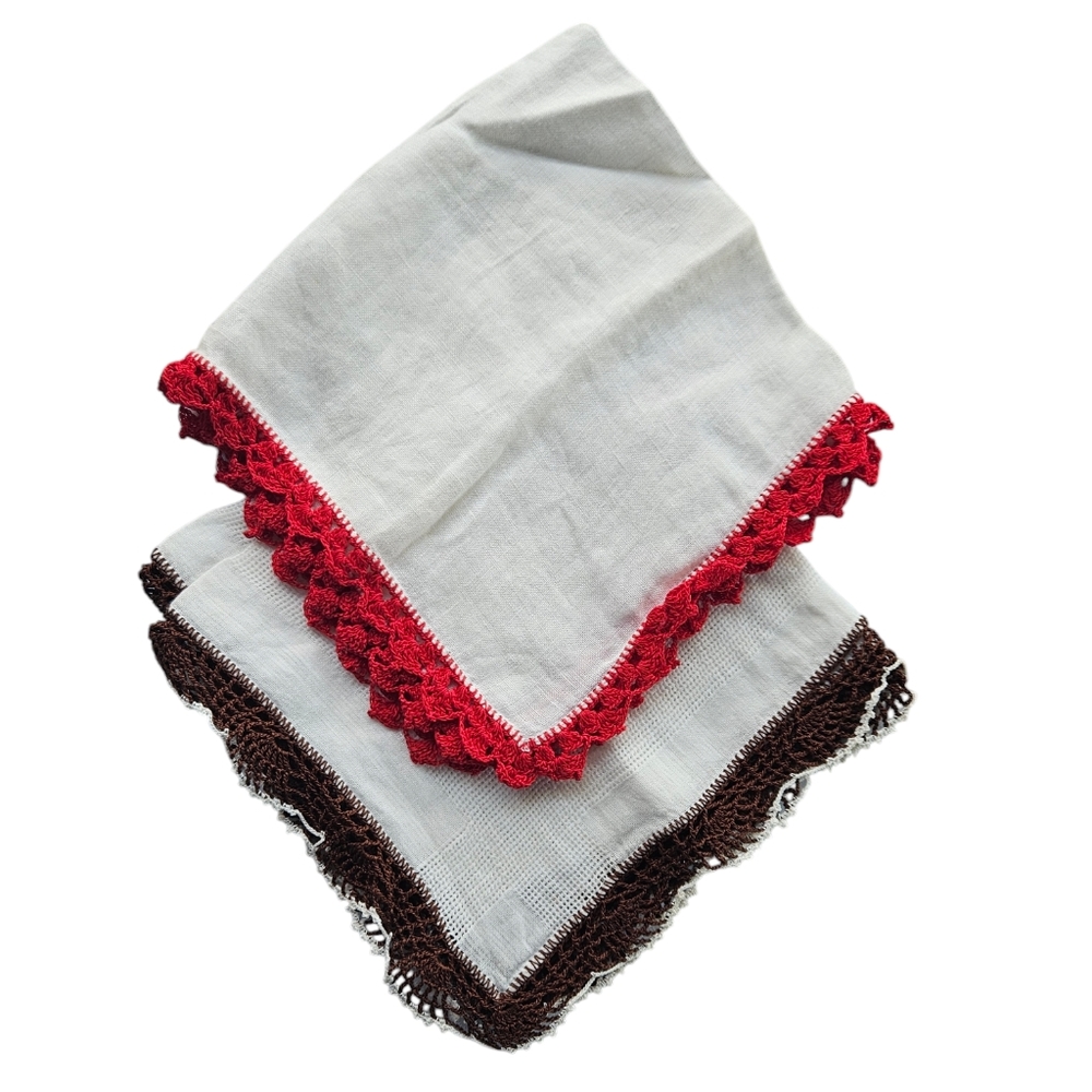 VTG Handmade Crochet Border Edge Red & Brown Cotton Hankies | SZ 12" Sq